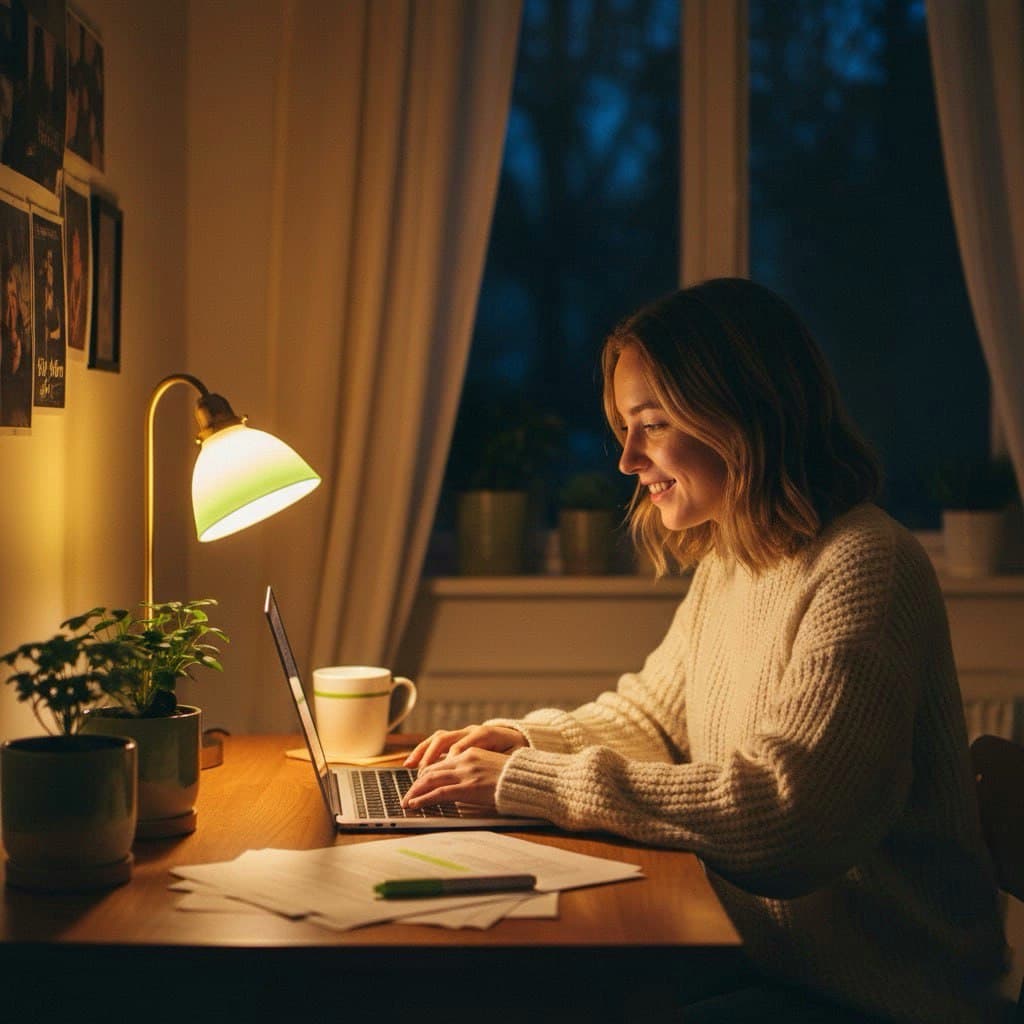 Person working on a laptop in a cozy setting.